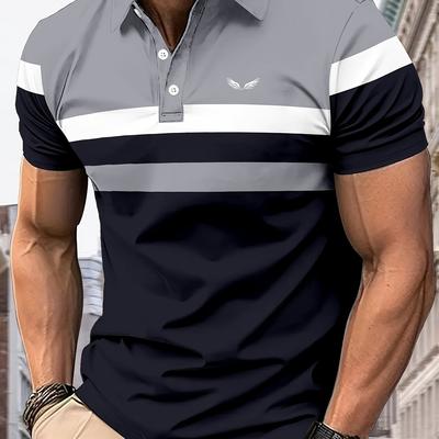 TEMU Men's Block Striped Golf Shirt - Casual Fashion Short Sleeve, Button-up Collar, Breathable Polyester, /gray, Lightweight & Comfortable For Outdoor Activitie Image