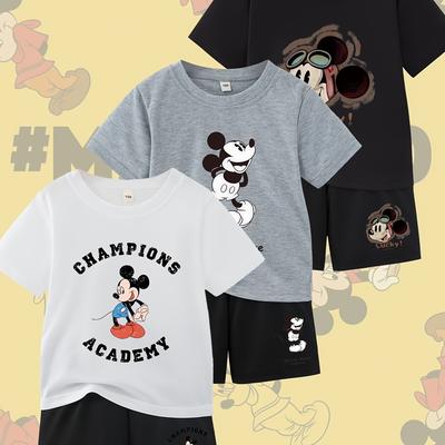 TEMU 6pcs Boys' Spring/summer Version Round Neck T-shirt, Top, Shorts With Letter Cartoon Embossing, Suitable For Daily And Travel, Versatile Set, For Outdoor Image