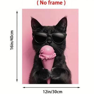 "TEMU [2d Flat] 1pc Frameless Canvas Print Poster - Chic Black Cat With Pink Ice Cream, Whimsical Wall Art For Living Room, Bedroom, Office, Or Dining Area, Unique Gift & Decor, 12"x16, Cat Decor" Image