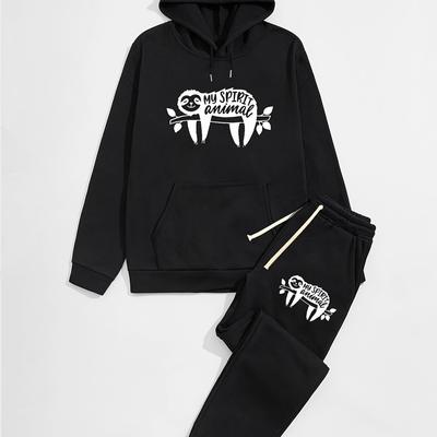 TEMU Casual 2pcs Set, Men's Sloth Print Hoodie & Joggers Matching Set Image