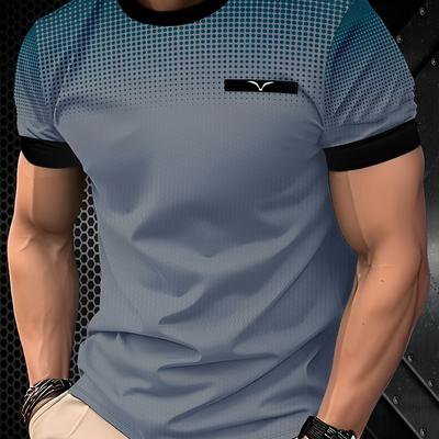 TEMU Men' Gray Gradient Fashion T-shirt - Breathable, Moisture-wicking Polyester, Short Sleeve, Round Neck, Casual & Stylish For Casual Attire, Versatile Clothing | Modern Casualwear | Image