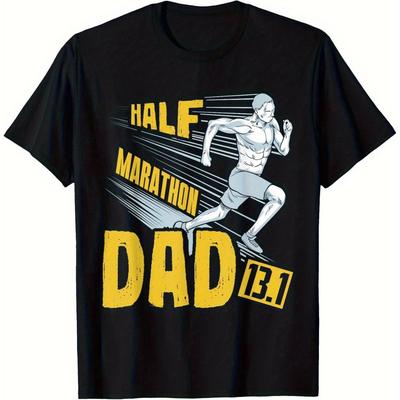 TEMU Mens Funny Half Marathon Dad 13. 1 Run Graphic T-shirt - Black Cotton Tee With Yellow Print, Regular Fit Casual Streetwear For Running & Fitness Enthusiasts Image