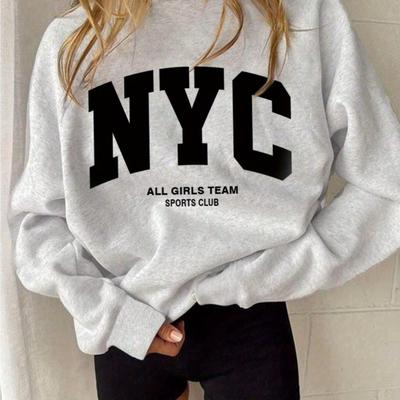 TEMU Nyc Graphic Print Crew Neck Sweatshirt For Women - 100% Polyester, Lightweight & Comfortable, Machine Washable, Casual Fall & Winter Wear, Design Image