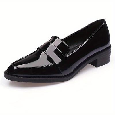 TEMU Women' British Style Loafers - Chunky Heel, Pointed Toe, Glossy Pu Cover Work , Formal Footwear | Sleek Women's Shoes | Rubber Sole Footwear, Ladies Shoes Image