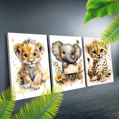 TEMU Wood Framed 3pcs Canvas Poster Wall Art Ready To Hang Jungle Wildlife Play Canvas Wall Art Poster Prints Room And Bathroom Wall Decoration Image