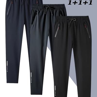 TEMU 3pcs Men's Casual Joggers - Stylish & Comfortable Athletic Pants With Zipper Details, Dark Blue, Black, And Navy, Outdoor Activities & Summer Wear Image