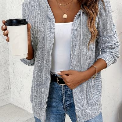 TEMU Irregular Ribbed Knit Hooded Jacket, Zip-up Drawstring Casual Jacket Image