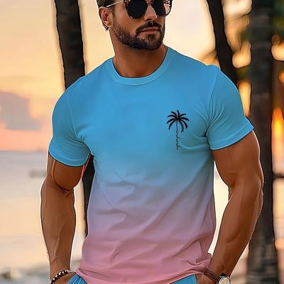 TEMU Men's Summer Casual Gradient T-shirt With Palm - Polyester, Crew Neck, Short Sleeve, Beach Holidays Image