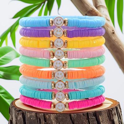 TEMU Boho Chic 9pcs Beaded Bracelet Set For Women - Multicolor Polymer Clay Charm Bracelets With Happy Face Detail For And Parties Image