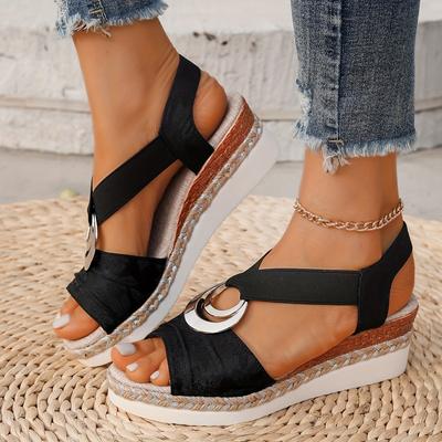 TEMU Re Na Women's Summer Wedge Sandals - Toe, High Heel Platform With Braided Strap, Comfortable Thick Sole, Fashionable Black And Brown Design, Ideal For Casual Or Dressy Occasions, Strappy Sandals Image