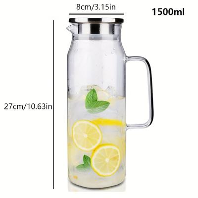 TEMU 1pc 1000ml/1500ml High Borosilicate Glass Cold Water Kettle With Stainless Steel Lid, Heat-resistant Beverage Container For Iced Tea And Juice, Kitchen Pitcher Image