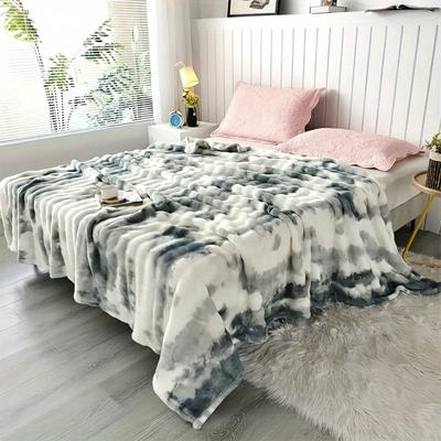 TEMU Contemporary Tie-dye Pattern Coral Fleece Blanket - Rabbit Fur, Plush Reversible Throw For Sofa & Bed, Cozy , Machine Washable, Polyester - Elegant Grey Image