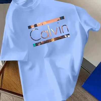 "TEMU Men's Casual "" Letter Graphic T-shirt - Crew Neck, Soft Polyester Fabric, Beige With Blue & Orange Print, Casual Attire And Outdoor Street Style, Comfortable Tee | Machine Washable Shirt" Image