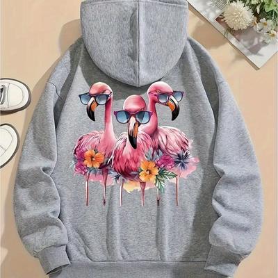 TEMU Women's Flamingo Graphic Hoodie - Casual Drawstring Pullover For Fall & Winter, Cozy Polyester Knit, Machine Washable Image