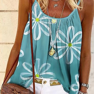 TEMU Women's Floral Print Sleeveless Cami Top - Light Blue With White Flowers And Green Leaves, Summer Beach Outfits, Casual Wear | Flowy Texture Image