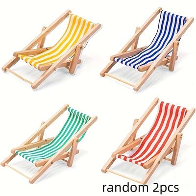 TEMU 2pcs Miniature Wooden Beach Chairs - Striped Foldable Loungers With Armrests, Diy Fairy Gardens, Dollhouses, And Indoor/outdoor Decorative Displays Image
