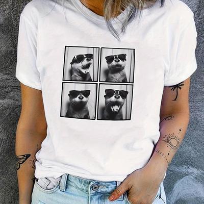 TEMU Women's Plus Size Casual T-shirt With Cute Glasses Otter Print - Light Gray, Short Sleeve, Round Neck, Polyester, Spring/summer Holiday Tee, Casual Wear | Graphic Tee | Image