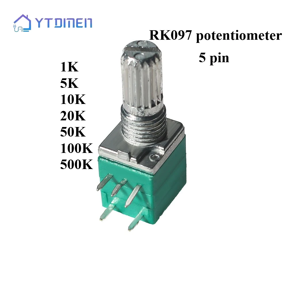 5PCS RK097 RK097G Potentiometer 5Pin 1K 5K 10K 20K 50K 100K 500K Audio Welle 15mm Verstärker Volumen Potentiometer Kit Image