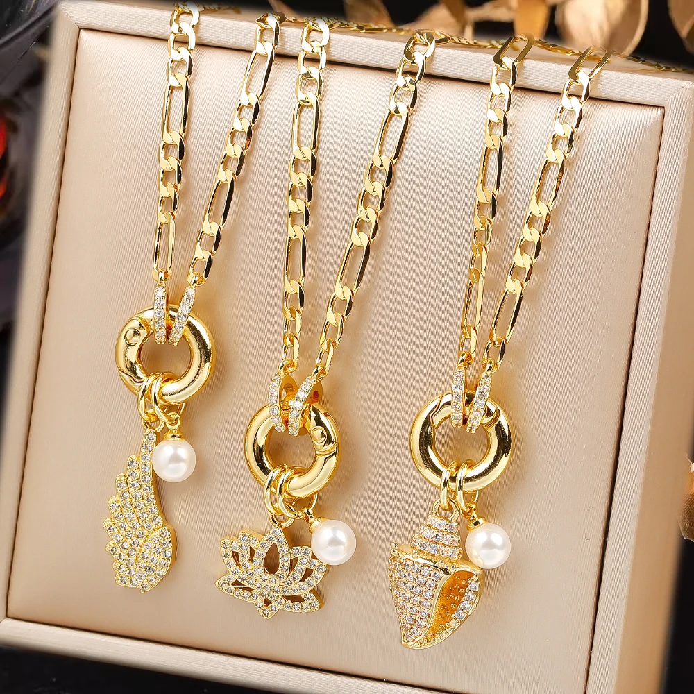 Hip Hop Glänzende Zirkonia Conch Blume Flügel Anhänger Halskette Licht Luxus für Frau Mädchen Urlaub Casual Schmuck Zubehör