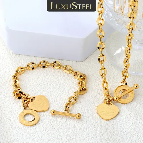 LUXUSTEEL Golden Heart Shaped Pendants Necklace Bracelet Sets For Women Stainless Steel Chain Necklace Bangle Set Jewelry Gift