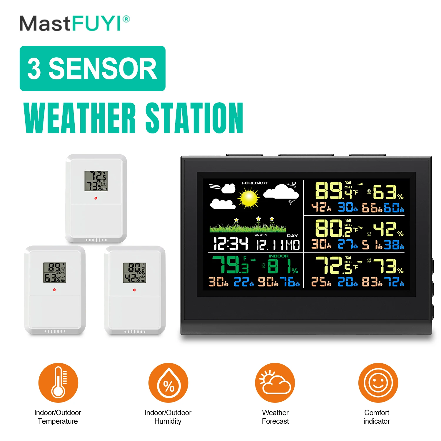 MASTFUYI Station Météo 3 Capteurs Horloge de Bureau Écran Couleur HD 5 Pouces Prévisions Météo Thermomètre-Hygromètre Intérieur/Extérieur