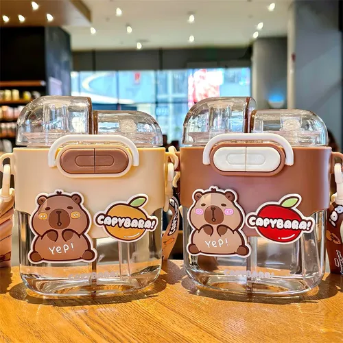 Kapibara 600 ml dessin animé double boisson sous-entrepôt bouteille d'eau en plastique enfants Capybara extérieur portable en plastique tasse d'été étudiant