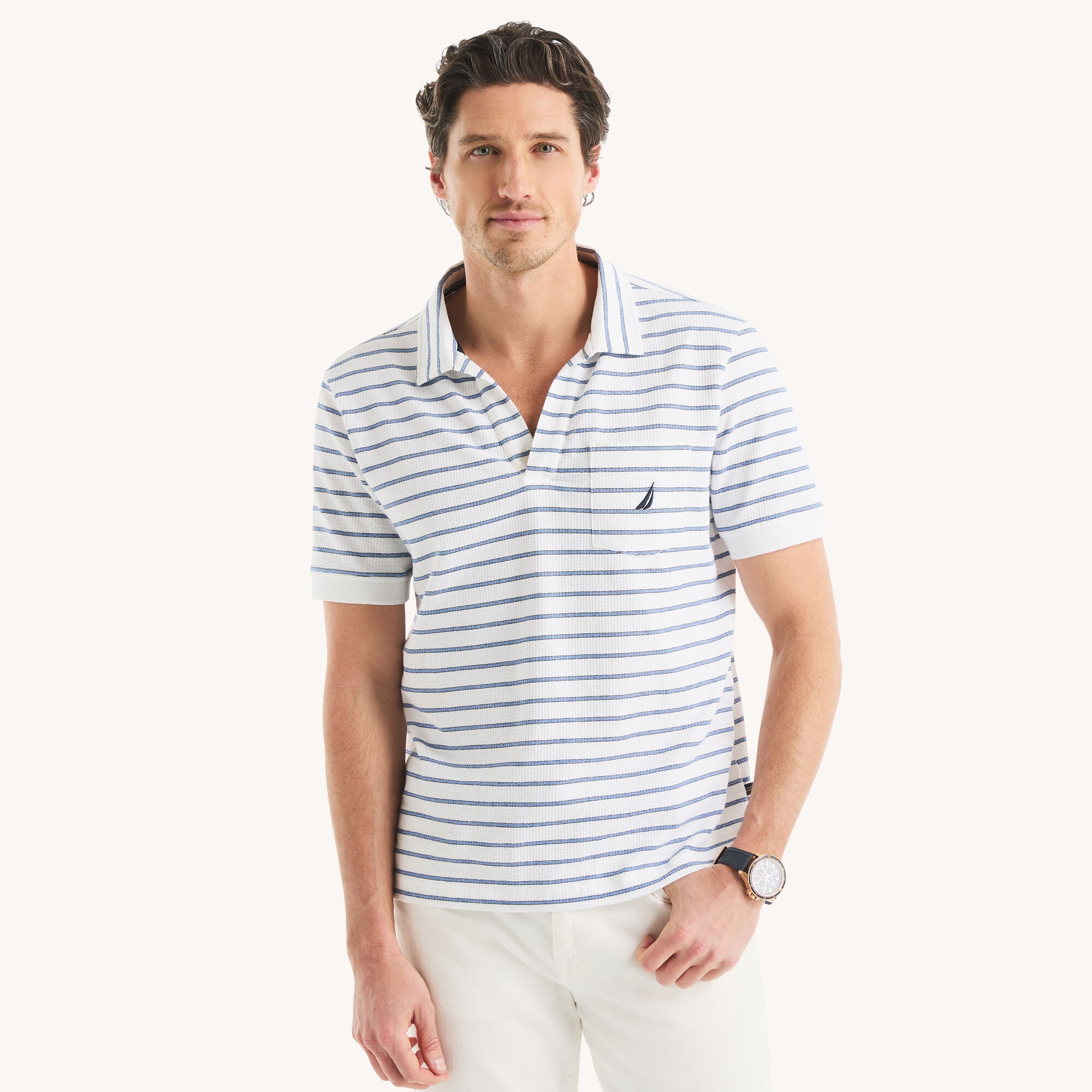 Nautica Men's Classic Fit Striped Seersucker Polo 101 (Bright White), XXL