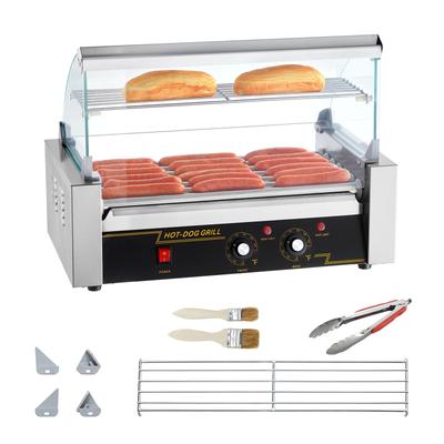 Hot Dog Roller Stainless Sausage Grill Cooker Machine with Dual Temp Control Glass Hood Acrylic Cover Bun Warmer