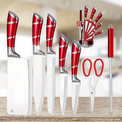 TEMU 9pcs Kitchen Cooking Knife Set, Kitchen Knife Set, Chopping Knife, Fruit Knife, Bread Knife, Scissors, Etc., Multiple , Enough To Handle All Kinds Of Ingredients, /red/pink Multiple Color Image