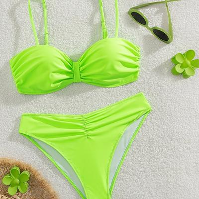 TEMU Elegant Solid Color Bikini Set For Women - High Stretch, Non-transparent Polyester & Elastane , Machine Washable - Swimming Image