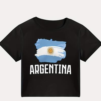 TEMU Women's Argentina-inspired Fashion Crop Top - Casual Polyester Blend, Geometric Pattern, Machine Washable Image