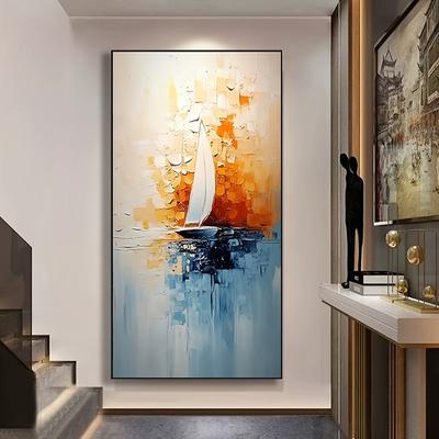 TEMU Hand-painted Abstract Sailboat Oil Painting – Orange Sail Breaking Waves, Artwork, Frameless Wall Decor For Living Room, Bedroom, Office, Or Gift, Nautical Image