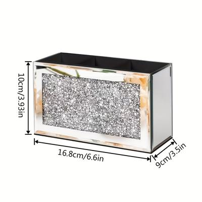 TEMU 1pc Bathroom Shower Storage Mirror Crystal Broken Diamond Makeup Brush Holder. Cute Eyebrow Pencil And Pencil Holder Suitable For Home Bathroom Storage Scene Eye Liner Display Cabinet Image