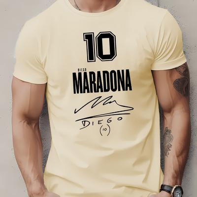 TEMU 1pc Maradona T-shirt, Men's Casual Crew Neck Short Sleeve Tee, Geometric Pattern, Knit Polyester Fabric, Stretch, Regular Fit, Daily & Weekend Wear, Summer Top Image