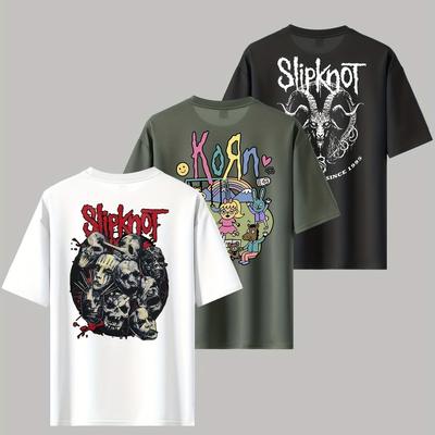 TEMU 3pcs Men's Casual Graphic T-shirts - 100% Polyester Soft Breathable Loose Fit Short Sleeve Tees With Slipknot, & Koяn Designs, Machine Washable Summer Outdoor & Image