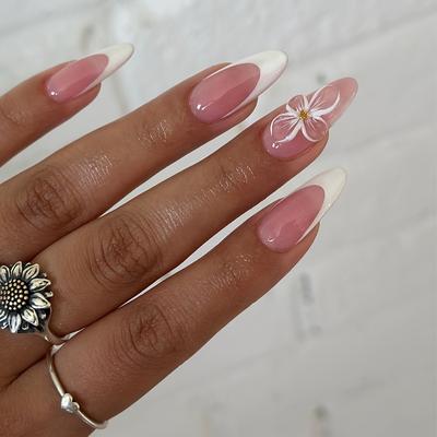 TEMU 24pcs Almond-shaped Fake Nails Set In Fashionable White French Desire 3d Floral Luxury Golden Suitable For All Women And S With File And Jelly Glue Included, Easy To Apply Image