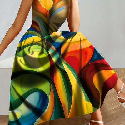 TEMU 1pc Elegant Geometric Abstract Print Maxi Dress, Sleeveless Round Neck Knit Dress, Polyester 100% Stretchy A-line Long Dress With Umbrella Hem For Women, All Image