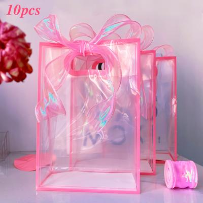 TEMU 10pcs Clear Plastic Gift Bags With Handles With Pink Trim, With Ribbon, Reusable Gift Flower Bags For Wedding, Bridal, Birthday Party, Day, Graduation, Sister Reunion Party Image