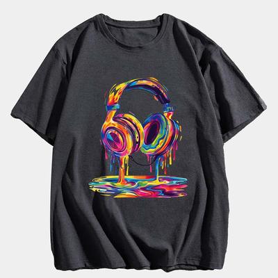 TEMU Men's Psychedelic Headphones Graphic Tee - Casual Short Sleeve, Breathable Polyester, Machine Washable - Summer Image