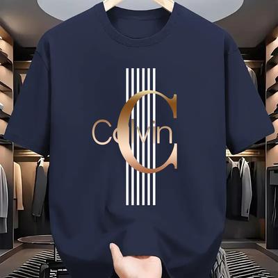 TEMU Men's Casual Graphic T-shirt - Letter Print With Black Stripes & Golden Accents, Breathable Polyester Round Neck Tee For Summer Streetwear, Machine Washable, Comfortable Image