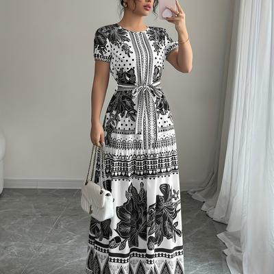 TEMU Women's Floral Print Temperament Tie-waist Round Neck Fashion Middle Eastern Dress Image