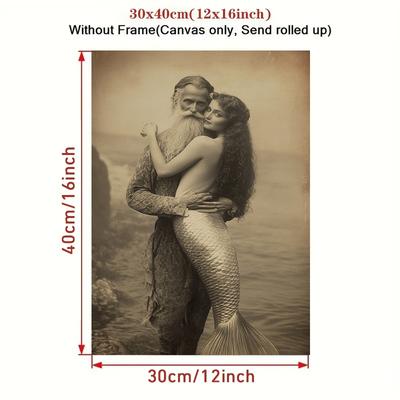 TEMU 1pc Vintage Mermaid And Gentleman Canvas Poster, Wall Art, , Easy To Hang, With Canvas Print For Living Room, Bedroom, Office Decor, Gift Idea Image