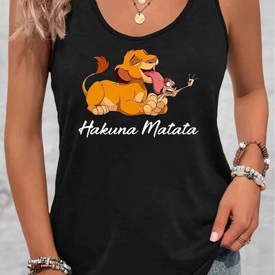 "TEMU Women's & Graphic Tank Top - Black Sleeveless Casual Summer Vest With " " Print, Cute Cartoon Design For Or , Comfortable Clothing | Branded Top |" Image