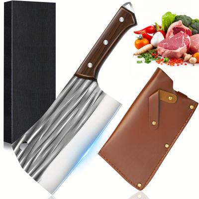 TEMU [gourmet Prep] Stainless Steel Chef's Knife With Sheath, Meat , Professional Butcher Knife, Striped Handle Chopper, With Gift Box For Culinary Enthusiasts, Knives For Meat Image