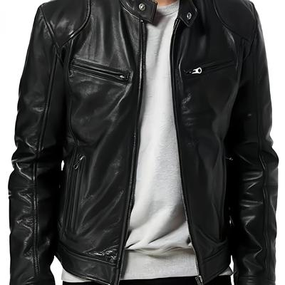 TEMU Men' Biker Jacket - Casual Stand Collar Zipper Softshell With Ribbed Cuffs & Waist, Regular Fit For Urban Streetwear, Casual Outerwear | High Collar Jacket | Smooth Texture Jacket Image