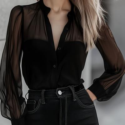 TEMU Women' Black Chiffon Long Sleeve Button-up Shirt - Sheer Casual Blouse With Stand Collar, Casual Attire Image