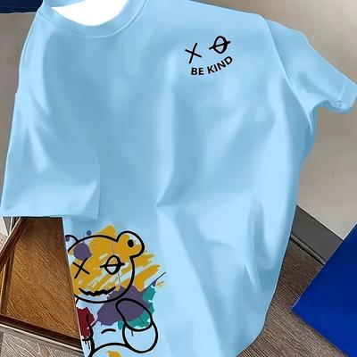 TEMU Men's Casual Short Sleeve T-shirt - 100% Polyester, Stretch, Cute Bear Graphic Print, Light Blue Round Neck Summer Tee For & Outdoor Activities Image