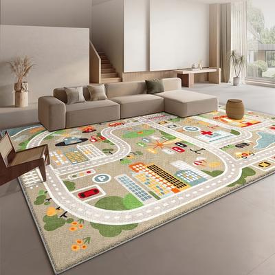 TEMU Large, Colorful Geometric Area Mat - Soft Velvet, Non-slip, Machine Washable Polyester Mat With Car & Road Design - Ideal For Living Room, Bedroom, Office Decor, Bedroom Decor|modern Decor|velvet Image