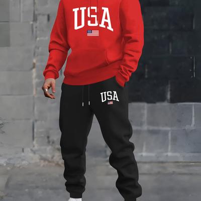 TEMU Men's Usa Printed Long Sleeve Hoodie Set, Casual Sports Sweatshirt And Joggers, Fashionable Trendy Outfit, Regular Fit, Polyester Knit, Stretch Fabric, Crew Neck, For Fall/winter Season Image