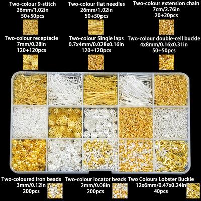 TEMU Of About 1200pcs Jewelry Making Kit Includes 9 Pins, Pins, Extension Chains, Twin , Single Ring, Flower Holder, Iron Beads, Positioning Beads, Lobster Clasp Suitable For Diy Handmade Crafts Image